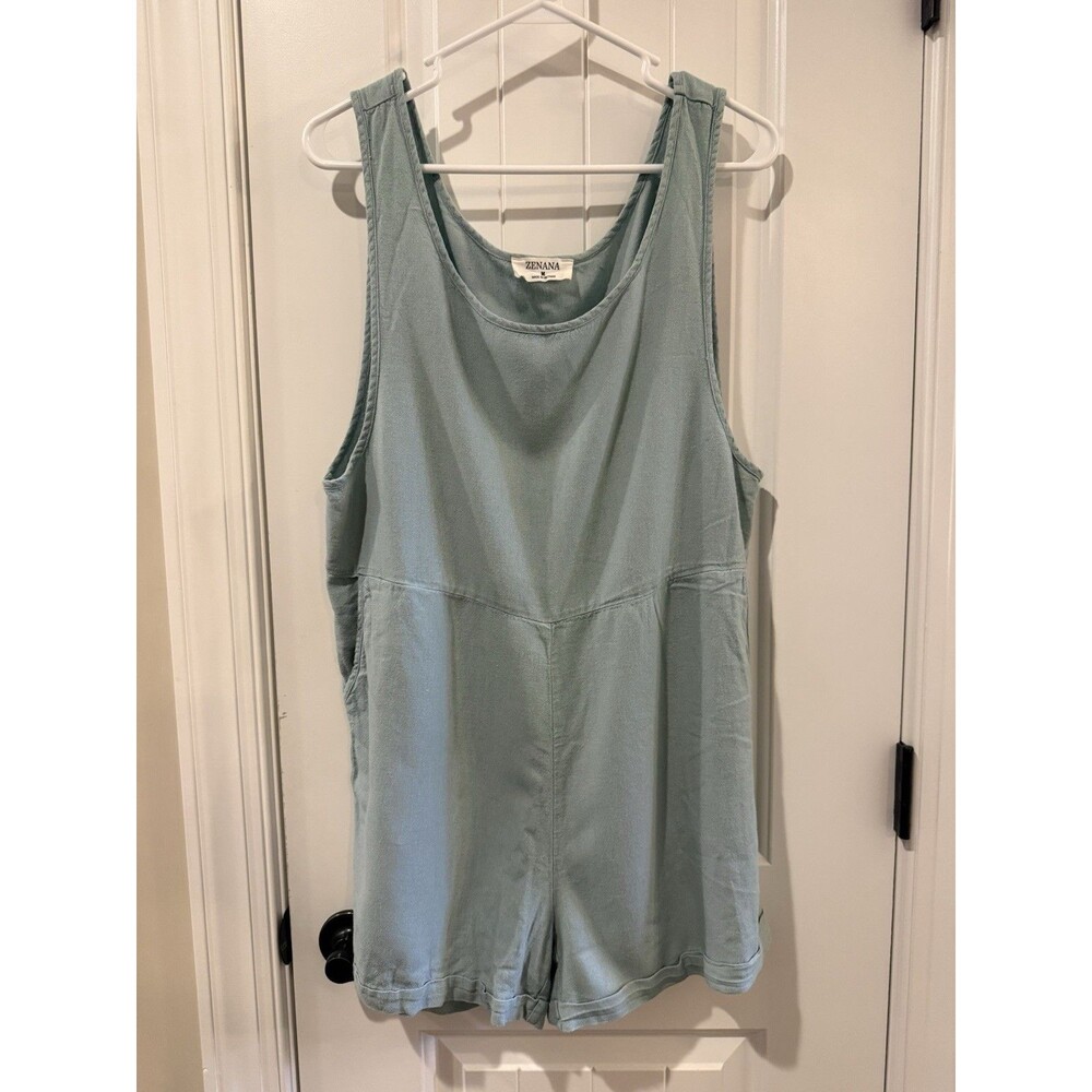 Zenana Women’s Linen Blend Romper Green M Sleeveless Pockets Scoop Neck